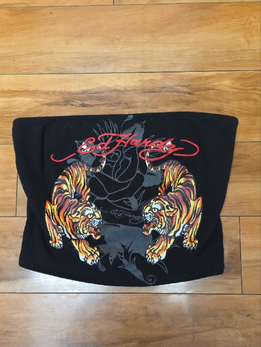 Ed Hardy Tiger Graphic Strapless Tube Top Black Y2K Style Size L